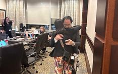 As the first Korean American to earn a third term in 26 years, Rep. Andy Kim (Democrat-New Jersey) on Nov. 9 hugs one of his campaign supporters. (Screen capture from Rep. Kim's Twitter account) 