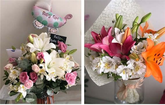 통신원 배우자의 회사에서 선물받은 꽃바구니와 꽃다발