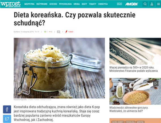폴란드 현지 언론 매체 ‘브프로스트(Wprost)’의 한식 다이어트 보도 기사 - 출처 : ‘브프로스트’ 공식 웹사이트