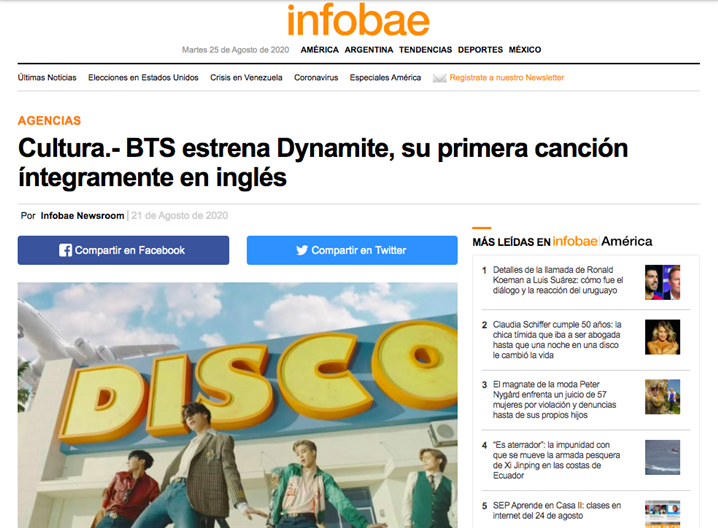 신곡 '다이나마이트' 발매 소식을 다룬 현지언론 ‘인포바에’의 8월 21일 자 기사 – 출처 : 인포바에