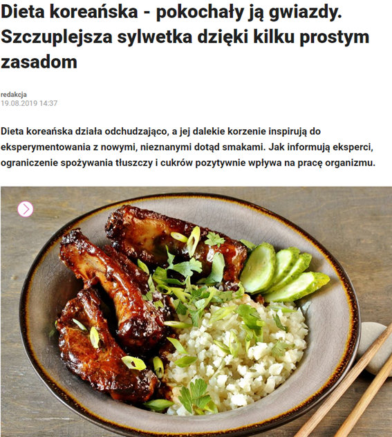 폴란드 현지 언론 매체 ‘가제타 페엘’의 한식 다이어트 보도 기사 - 출처 : ‘가제타 페엘’ 공식 웹사이트