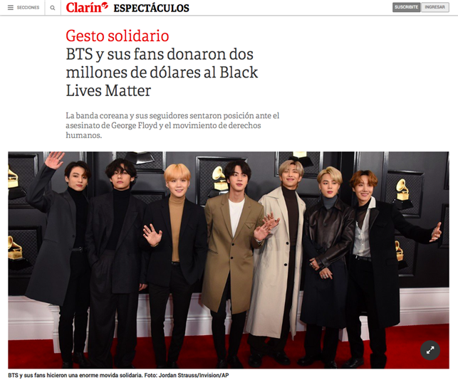 클라린(Clarín)이 보도한 9일자 기사 '연대의 손길, 방탄소년단과 아미, 흑인 인권 캠페인에 200만 달러 기부' - 출처 : 클라린