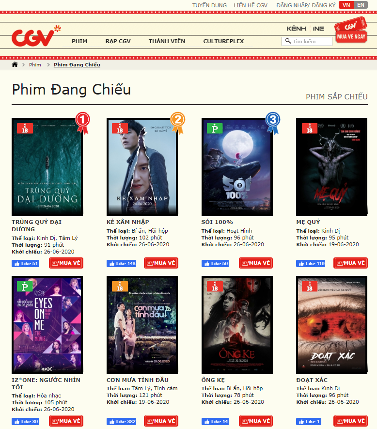 영화 ‘침입자’가 베트남 CGV 박스오피스 2위에 올랐다 – 출처 : CGV.VN