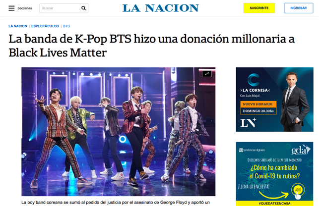 라 나시온(La Nación)지 7일 자 기사 'K-Pop 밴드 방탄소년단, 흑인인 권운 동에 100만 달러 기부' - 출처 : 라 나시온