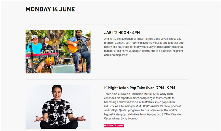 <6월 14일에는 케이팝을 테마로한 앤디 트리우(Andy Trieu)와 함께하는  K-Night Asian Pop Take Over 프로그램이 포함되었다. - 출처 : 달링하버 웹사이트>