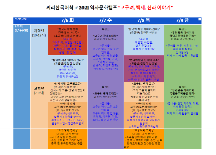[써리한국어학교 2021 역사문화 캠프 시간표]
