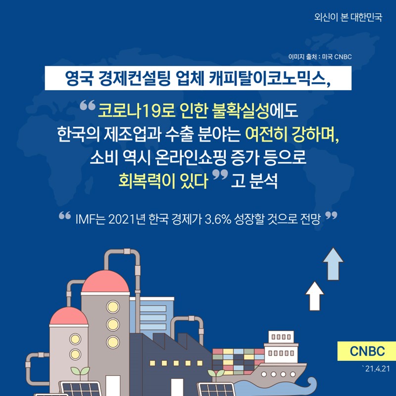 영국 경제컨설팅  업체 캐피탈이코노믹스  코로나19로 인한 불확실성에도 한국의 제조업과 수출분야는 여전히 강하며 소비 역시 온라인쇼핑증가 등으로 회복력이 있다.고 분석 IMF는 2021년 한국경제가 3.6% 성장할 것으로 전망