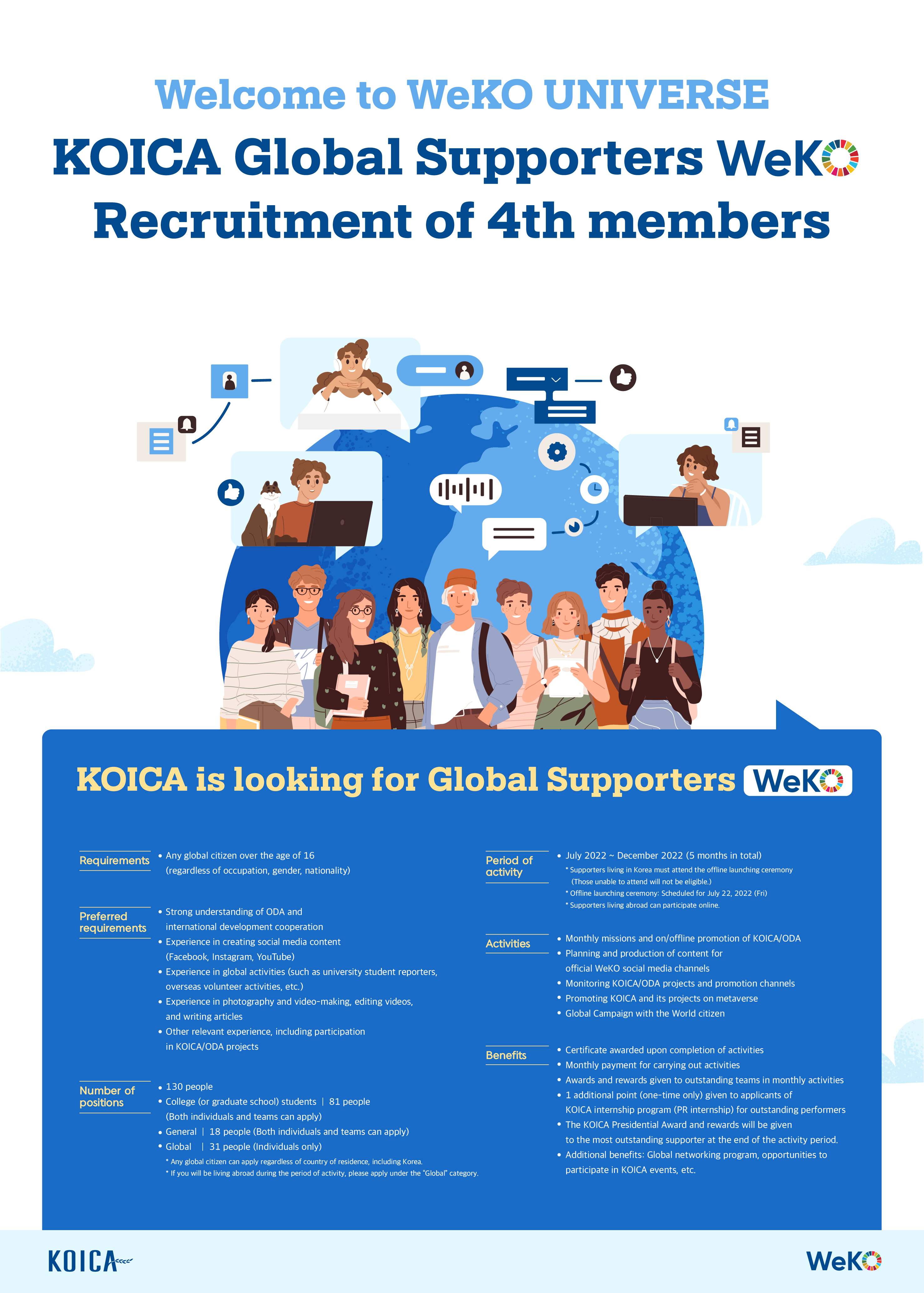  Welcome to WeKO UNIVERSE KOICA Global Supporters Weko Recruitment of 4th members 00 KOICA is looking for Global Supporters WeKo Requirements • Any global citizen over the age of 16 (regardless of occupation, gender, nationality) Period of activity • July 2022 ~ December 2022 (5 months in total) * Supporters living in Korea must attend the offline launching ceremony (Those unable to attend will not be eligible.) * Offline launching ceremony: Scheduled for July 22, 2022 (Fri) * Supporters living abroad can participate online. Preferred requirements Activities • Strong understanding of ODA and international development cooperation • Experience in creating social media content (Facebook, Instagram, YouTube) • Experience in global activities (such as university student reporters, overseas volunteer activities, etc.) • Experience in photography and video-making, editing videos, and writing articles • Other relevant experience, including participation in KOICA/ODA projects • Monthly missions and on/offline promotion of KOICA/ODA • Planning and production of content for official WeKo social media channels • Monitoring KOICA/ODA projects and promotion channels • Promoting KOICA and its projects on metaverse • Global Campaign with the World citizen Benefits Number of positions • 130 people • College (or graduate school) students | 81 people (Both individuals and teams can apply) • General | 18 people (Both individuals and teams can apply) • Global | 31 people (Individuals only) • Certificate awarded upon completion of activities • Monthly payment for carrying out activities • Awards and rewards given to outstanding teams in monthly activities • 1 additional point (one-time only) given to applicants of KOICA internship program (PR internship) for outstanding performers • The KOICA Presidential Award and rewards will be given to the most outstanding supporter at the end of the activity period. • Additional benefits: Global networking program, opportunities to participate in KOICA events, etc. * Any global citizen can apply regardless of country of residence, including Korea. * If you will be living abroad during the period of activity, please apply under the "Global" category. KOICAce Weko
