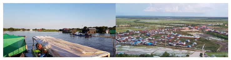 좌) 톤레삽 호수 위의 수상가옥 모습, 우) 프놈끄라옴에서 바라본 톤레삽 호수 주변 총크니어 마을