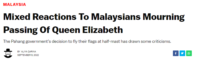 < 엘리자베스 2세 여왕 서거에 대한 반응을 보도한 현지 매체 - 출처: 'The Rakyat Post' >
