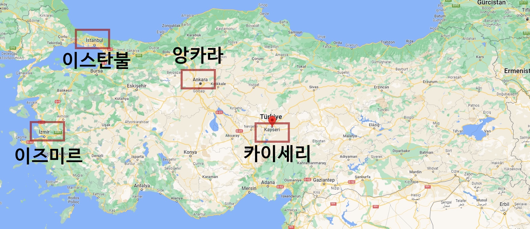 < 에르지예스대학교 한국어문학과가 소재해 있는 카이세리 - 출처: 구글맵 >
