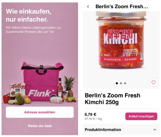 < 독일 온라인 식품 배송 플랫폼 플링크(Flink)에 입점한 줌프레시 김치 - 출처: Flink App >
