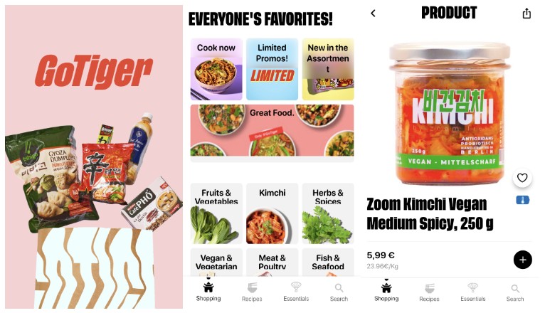 < 독일 아시아 식품 전문 배송 플랫폼 고타이거(GoTiger)에 입점한 줌프레시 김치 - 출처: Gotiger App >   