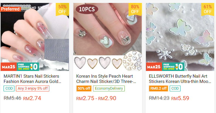 < 전자상거래에서 판매하는 한국 네일팁 - 출처: Shopee 공식 홈페이지 >