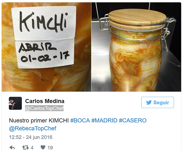 탑 셰프에 출현했던 스페인 요리사 까를로스 메디나가 트위터에 올린 직접 담근 김치-출처: 까를로스 메디나 트위터