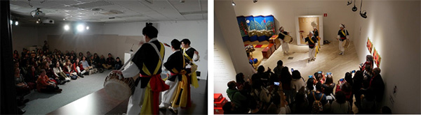 설날 페스티벌을 알리는 젊은 예인 ''on''의  비나리 공연(왼쪽)과 페스티벌 마지막을 장식한 사물놀의 공연(오른쪽)-출처: 주 스페인 한국문화원