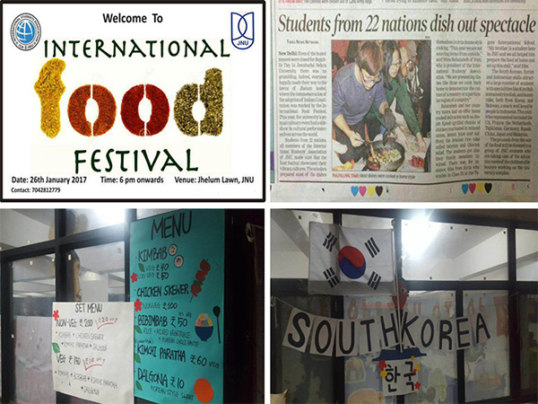 세계 음식문화 축제 포스터(왼쪽 위), 인도 현지 신문 기사(오른쪽 위), 한국 음식 메뉴와 간판(아래)
